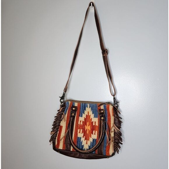 Myra Leather Crossbody Bag Shoulder Bag Tapestry Front Leather Back Purse Fringe - Picture 1 of 8